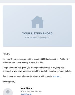 Home Anniversary email template: Personal Note