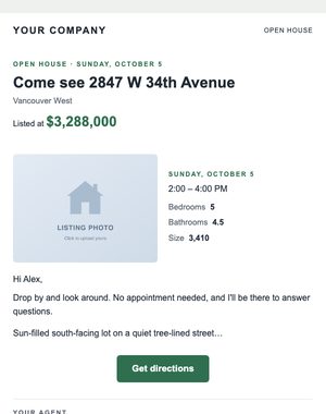 Open House email template: Side by Side