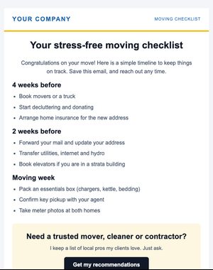 Thank You & Moving email template: Moving Checklist
