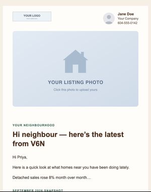 Market Update email template: Postal Code Report — Neighbourhood