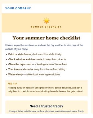 Home Care Checklist email template: Summer Checklist